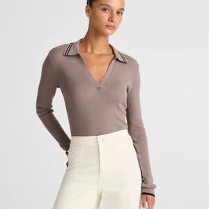 Madewell Johnny-Collar Sweater Merino-Silk Blend in Mink With Molasses Tipping S